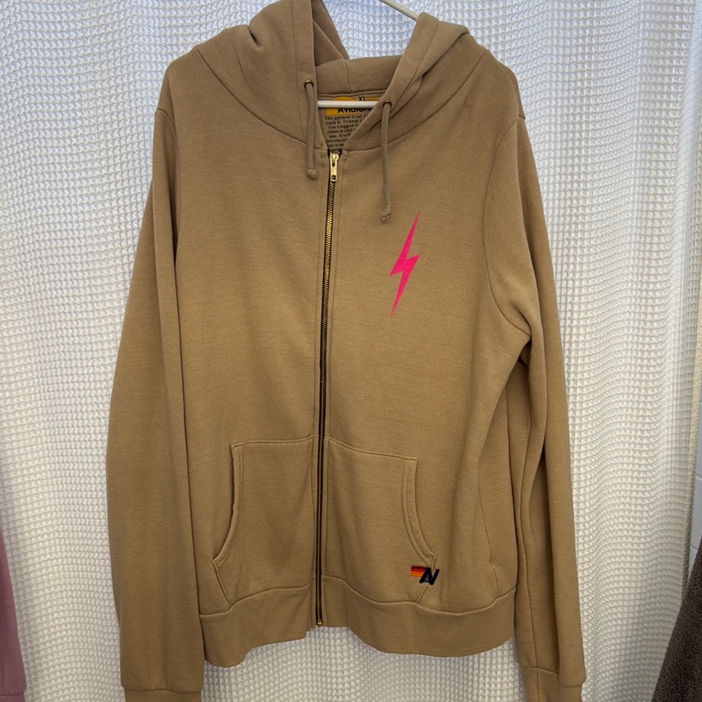 Brown Hoodie with Pink Lightning Bolt
